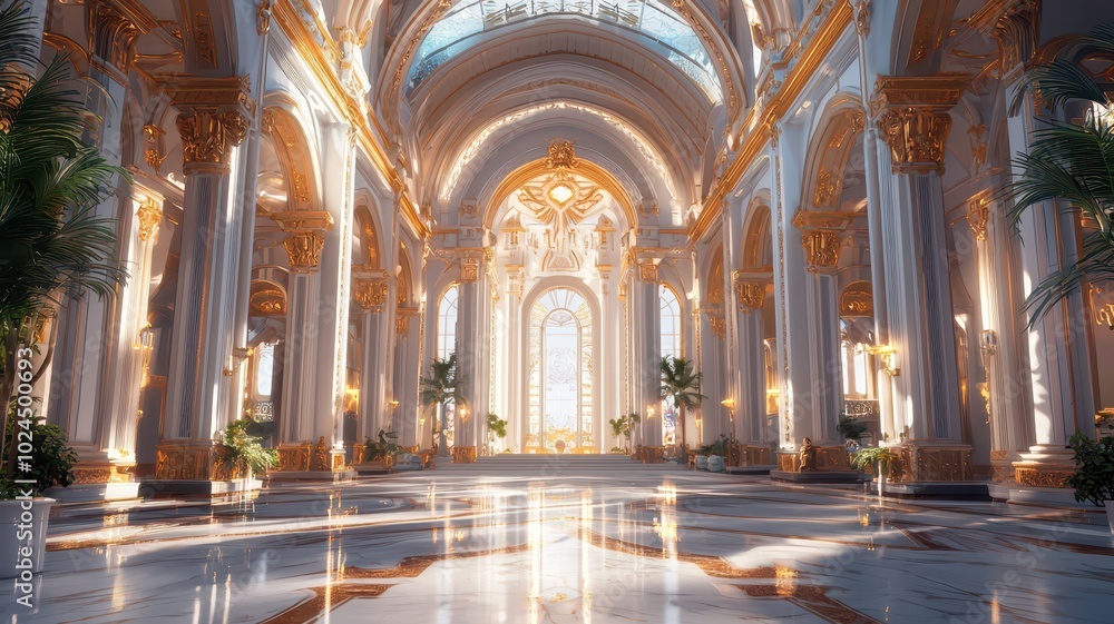 A high-ceilinged grand hall showcases elaborate decor with gilded walls and towering marble columns, creating an opulent and majestic atmosphere. A high-ceilinged grand hall showcases elaborate decor with gilded walls and towering marble columns, creating an opulent and majestic atmosphere.