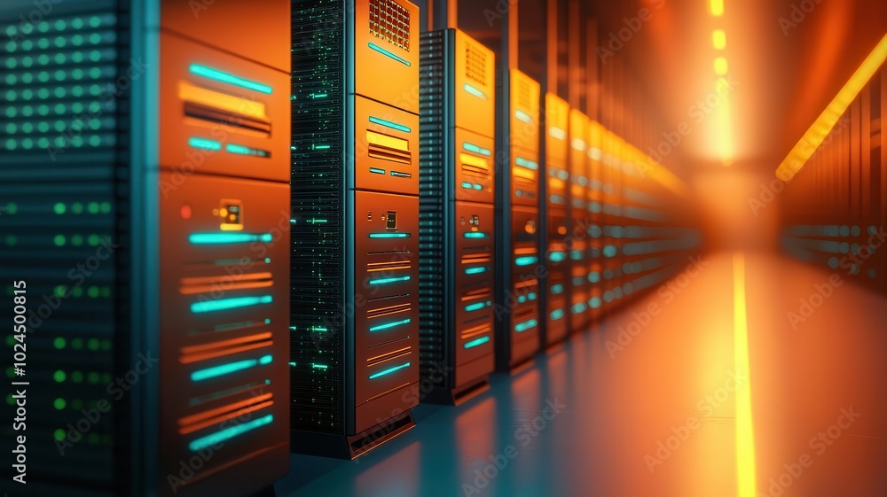 A futuristic server room filled with high-tech data storage units, illuminated by vibrant orange and blue lights, showcasing advanced technology and modern infrastructure. A futuristic server room filled with high-tech data storage units, illuminated by vibrant orange and blue lights, showcasing advanced technology and modern infrastructure.