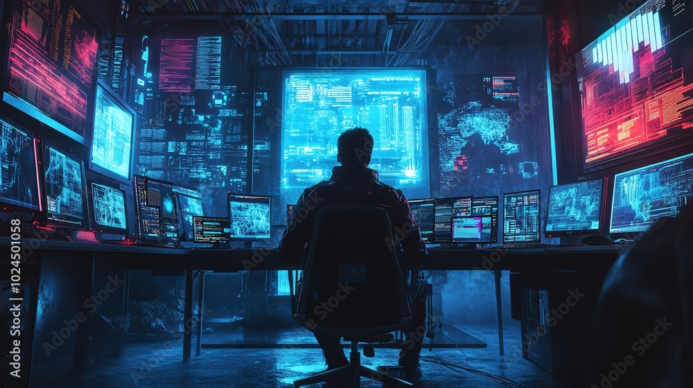Hacker working at their computer in a dark room full of screens displaying data and code. Hacker working at their computer in a dark room full of screens displaying data and code.