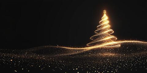 A minimal outline of a Christmas tree with subtle golden lights on black background.