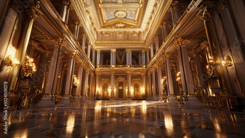 A high-ceilinged grand hall showcases elaborate decor with gilded walls and towering marble columns  creating an opulent and majestic atmosphere.
