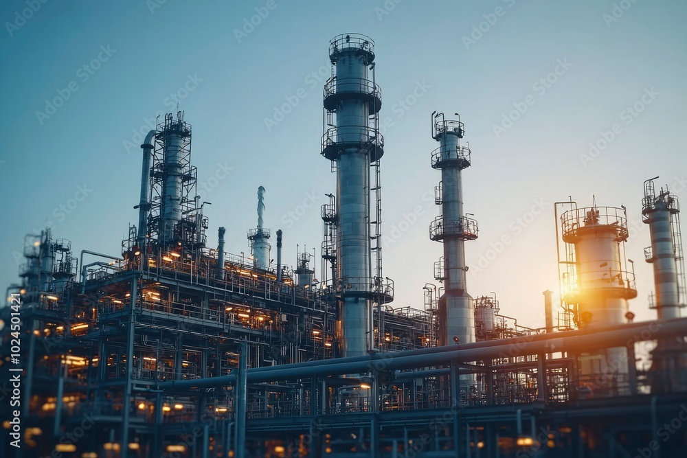 Industrial Complex at Sunset with Tall Towers and Pipes Industrial Complex at Sunset with Tall Towers and Pipes