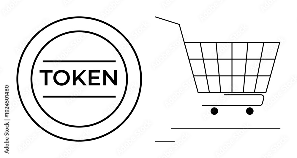 Token symbol next to a shopping cart. Ideal for cryptocurrency, online shopping, e-commerce, digital transactions, and virtual currencies. Minimalist line art style. Black and white colour scheme Token symbol next to a shopping cart. Ideal for cryptocurrency, online shopping, e-commerce, digital transactions, and virtual currencies. Minimalist line art style. Black and white colour scheme