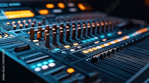 Close-up of a professional audio mixing console with illuminated buttons and adjustment knobs, used for sound engineering in music production. photo