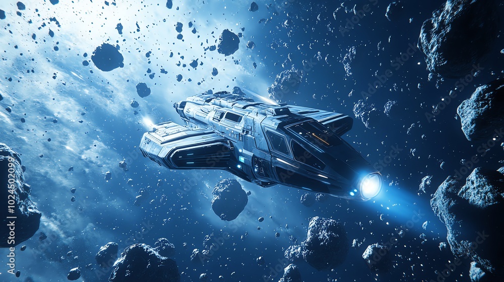 Naklejka premium A futuristic spaceship navigates a dense asteroid field.