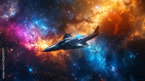 A spaceship flies through a colorful nebula with bright stars.