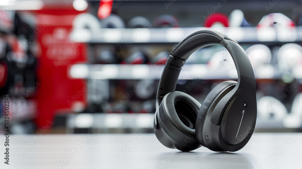 Sleek black headphones on white background, attractively positioned with slight tilt, symbolizing a sale, emphasizing modern design and audio technology. Sleek black headphones on white background, attractively positioned with slight tilt, symbolizing a sale, emphasizing modern design and audio technology.
