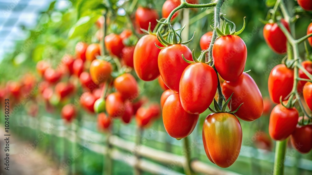 Macro shot of ripe plum tomatoes on vine in greenhouse Macro shot of ripe plum tomatoes on vine in greenhouse