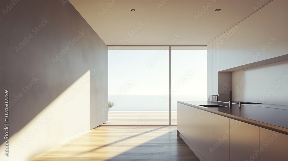 Minimalist kitchen with modern design and ocean view. Minimalist kitchen with modern design and ocean view.
