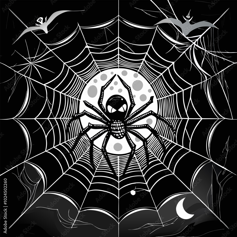 Obraz premium A menacing spider sits in the center of a web, with a full moon in the background. This black and white illustration evokes a sense of creepy crawly Halloween fun.