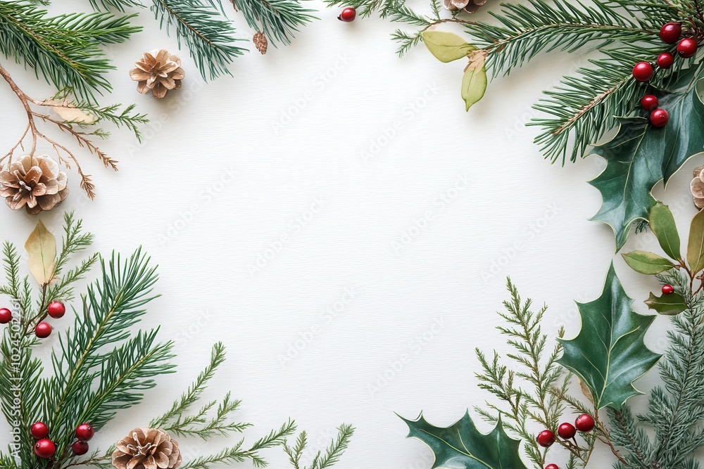 Christmas-themed blank page with festive pine branches and red berries Christmas-themed blank page with festive pine branches and red berries