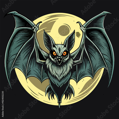 A detailed illustration of a bat with menacing eyes and sharp teeth, perched against a full moon. This graphic is perfect for adding a touch of spookiness to your Halloween projects. photo