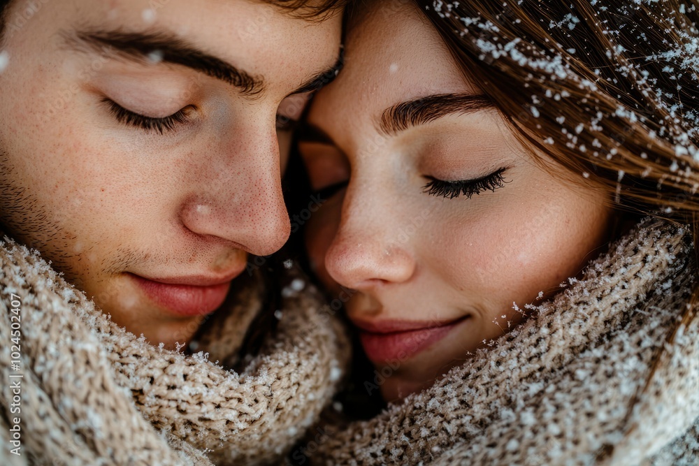 Close-up Portrait of a Couple Embracing in the Snow Close-up Portrait of a Couple Embracing in the Snow