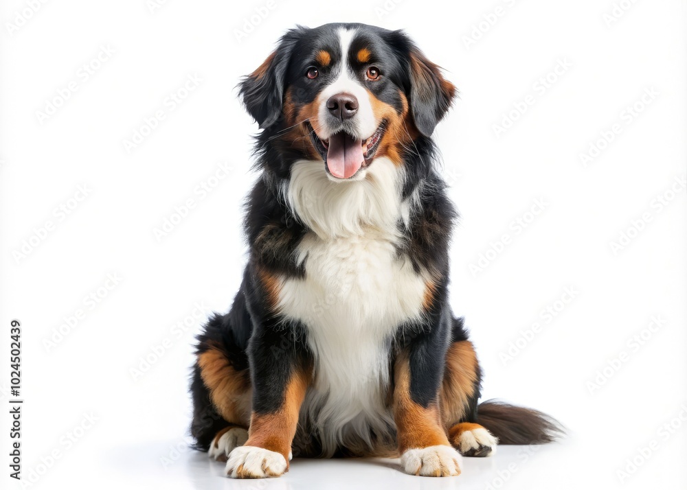 Delightful Bernese Mountain Dog sits against a white backdrop, sticking its tongue out playfully. This captivating canine photography captures the dog's charm and personality beautifully. Delightful Bernese Mountain Dog sits against a white backdrop, sticking its tongue out playfully. This captivating canine photography captures the dog's charm and personality beautifully.