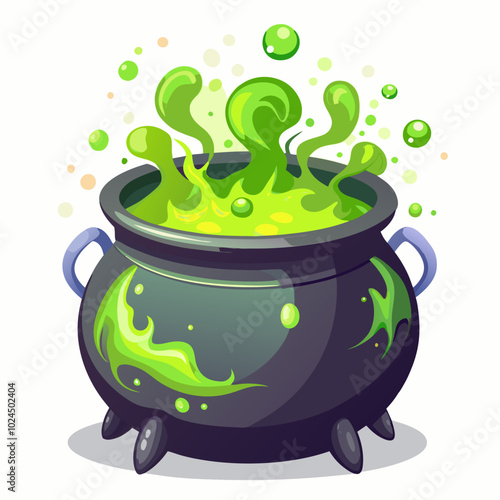 A cartoon cauldron filled with bubbling green potion, perfect for Halloween decorations, game assets, or any spooky project. The cauldron is detailed with a vibrant green liquid and steamy effects.