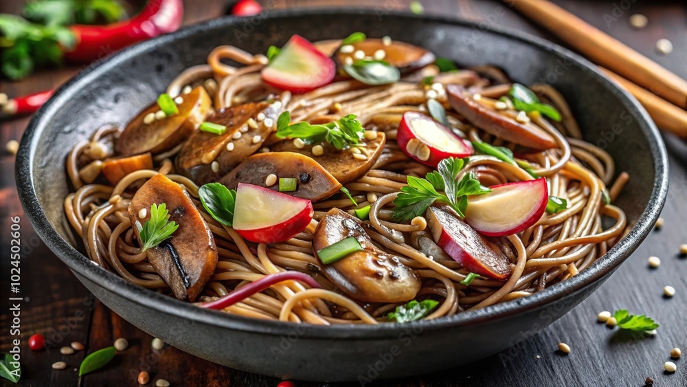 Macro shot of Shiitake mushrooms roasted with onion, soba noodles, radish, and nori in a wok dish served with soy sauce Macro shot of Shiitake mushrooms roasted with onion, soba noodles, radish, and nori in a wok dish served with soy sauce
