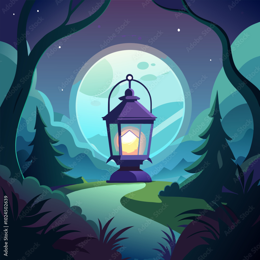A whimsical illustration of a glowing lantern standing in a forest path under a full moon. The lantern is a beacon of hope in the dark, inviting the viewer to follow the path. A whimsical illustration of a glowing lantern standing in a forest path under a full moon. The lantern is a beacon of hope in the dark, inviting the viewer to follow the path.