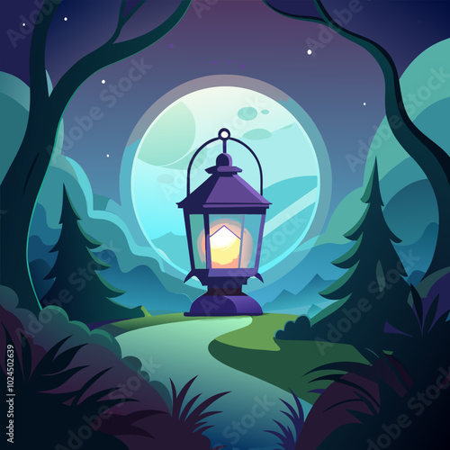 A whimsical illustration of a glowing lantern standing in a forest path under a full moon. The lantern is a beacon of hope in the dark, inviting the viewer to follow the path.