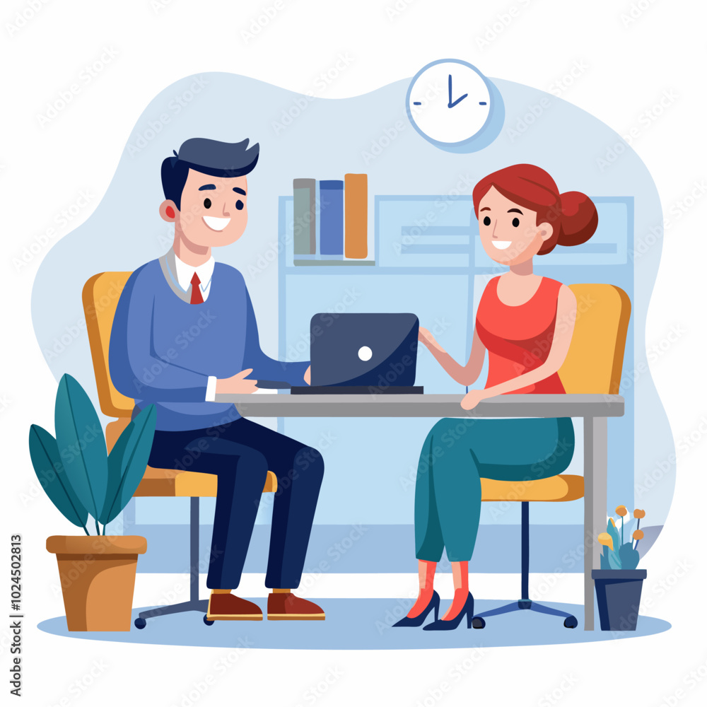 A cartoon illustration featuring a man and a woman sitting at a desk in an office setting. They are both smiling and appear to be engaged in a conversation. A cartoon illustration featuring a man and a woman sitting at a desk in an office setting. They are both smiling and appear to be engaged in a conversation.