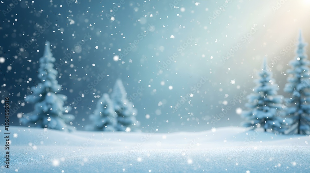 Winter snowy background with snowdrifts and falling snow on snowy blurred forest background. For New Year, Christmas cards. Christmas banner background Winter snowy background with snowdrifts and falling snow on snowy blurred forest background. For New Year, Christmas cards. Christmas banner background