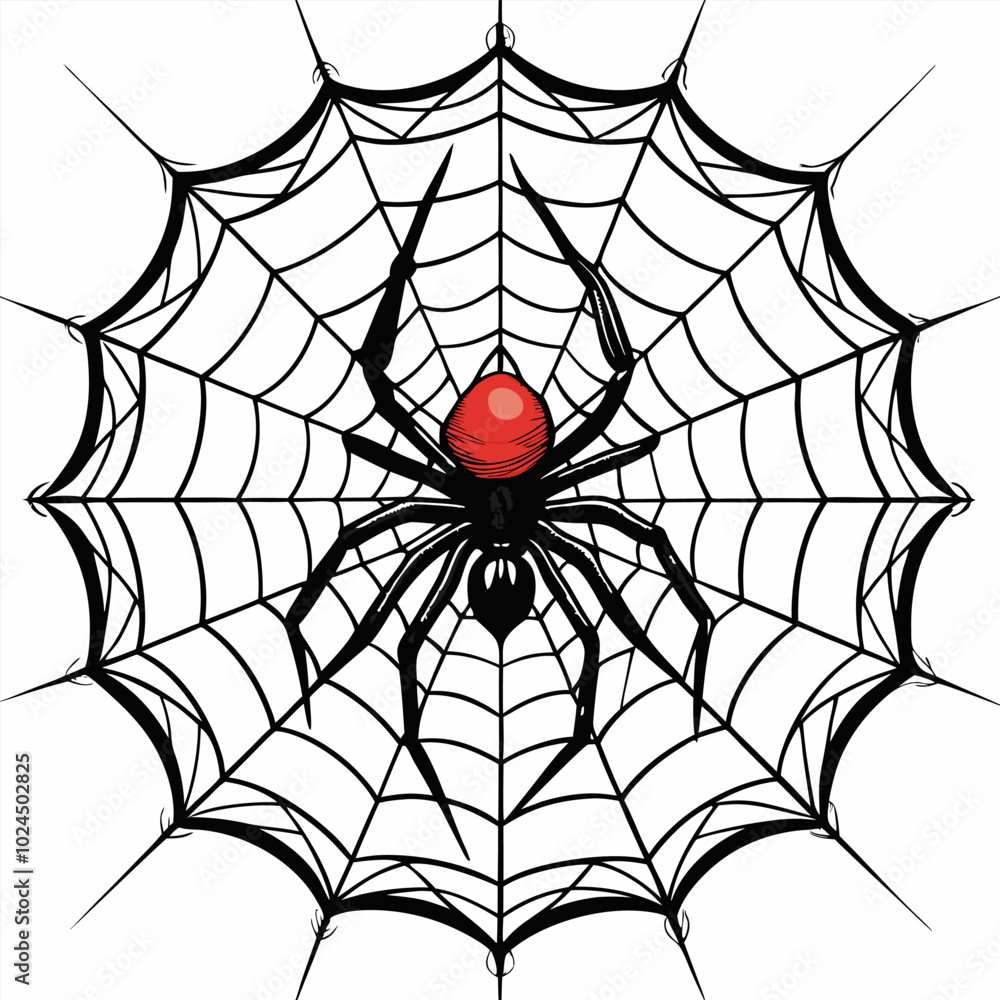 Obraz premium A black widow spider sits in the center of its web, its red hourglass marking a warning. The web is intricate and detailed, capturing the spider's predatory nature.