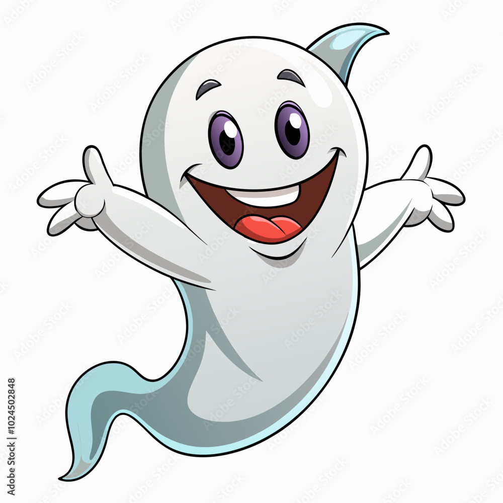 A cheerful cartoon ghost with a wide grin and outstretched arms, perfect for adding a playful touch to your Halloween designs. This friendly spirit is ideal for greeting cards, children's books. A cheerful cartoon ghost with a wide grin and outstretched arms, perfect for adding a playful touch to your Halloween designs. This friendly spirit is ideal for greeting cards, children's books.