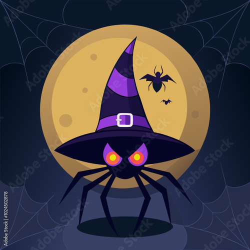 Spooky and fun Halloween illustration featuring a spider wearing a witch's hat. Perfect for decorations, cards, or adding a touch of mischief to your designs.