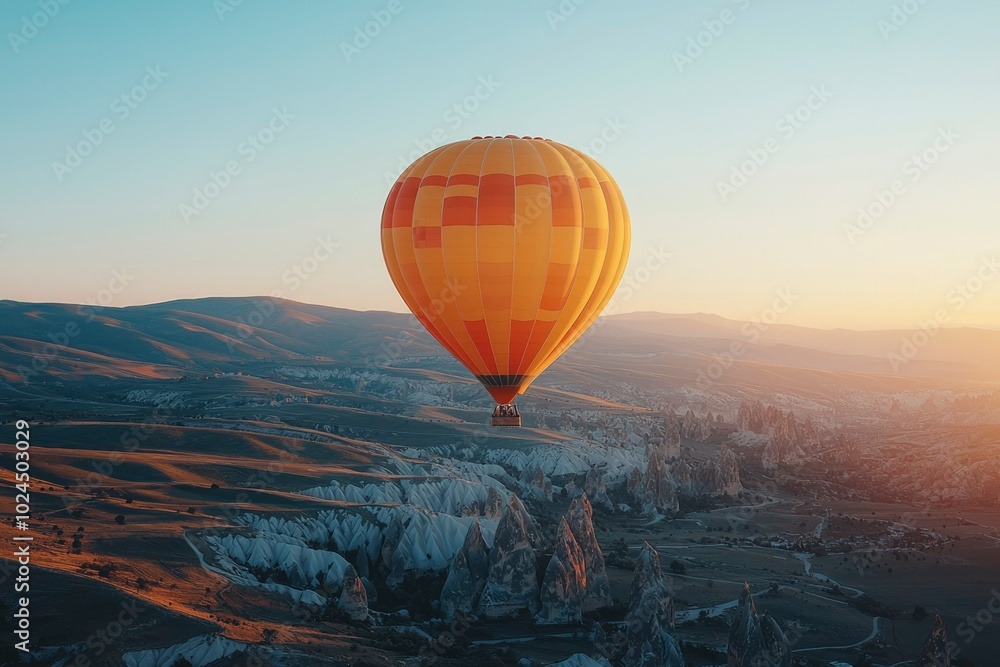 Hot Air Balloon Soaring Over Cappadocia's Unique Rock Formations at Sunset Hot Air Balloon Soaring Over Cappadocia's Unique Rock Formations at Sunset