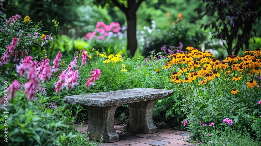 Stone bench in a blooming summer garden. Stone bench in a blooming summer garden.