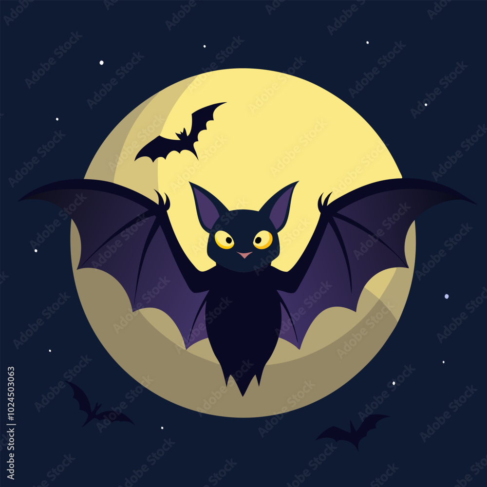 Fototapeta premium A cute cartoon bat flying in front of a full moon. Perfect for Halloween decorations, greeting cards, and other spooky projects.