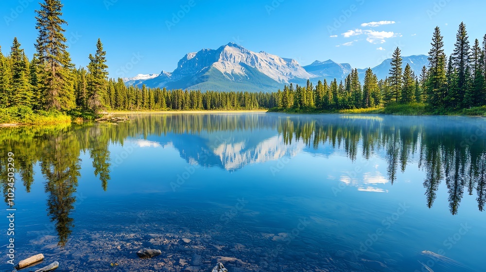 A stunning mountain lake with crystal clear water and a perfect reflection of the snow-capped mountains and forest. A stunning mountain lake with crystal clear water and a perfect reflection of the snow-capped mountains and forest.