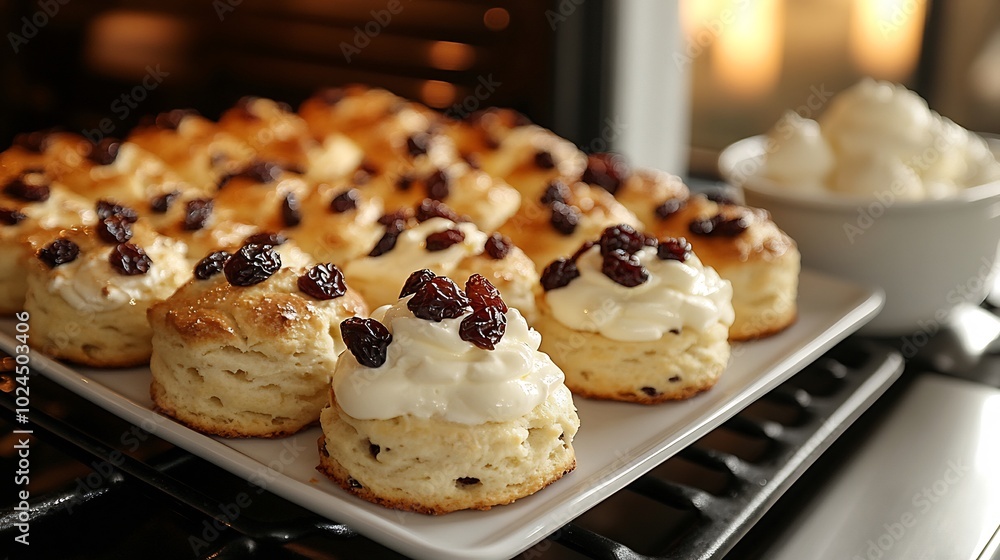 Golden scones raisins baking in the oven with cream and fresh raisins Golden scones raisins baking in the oven with cream and fresh raisins