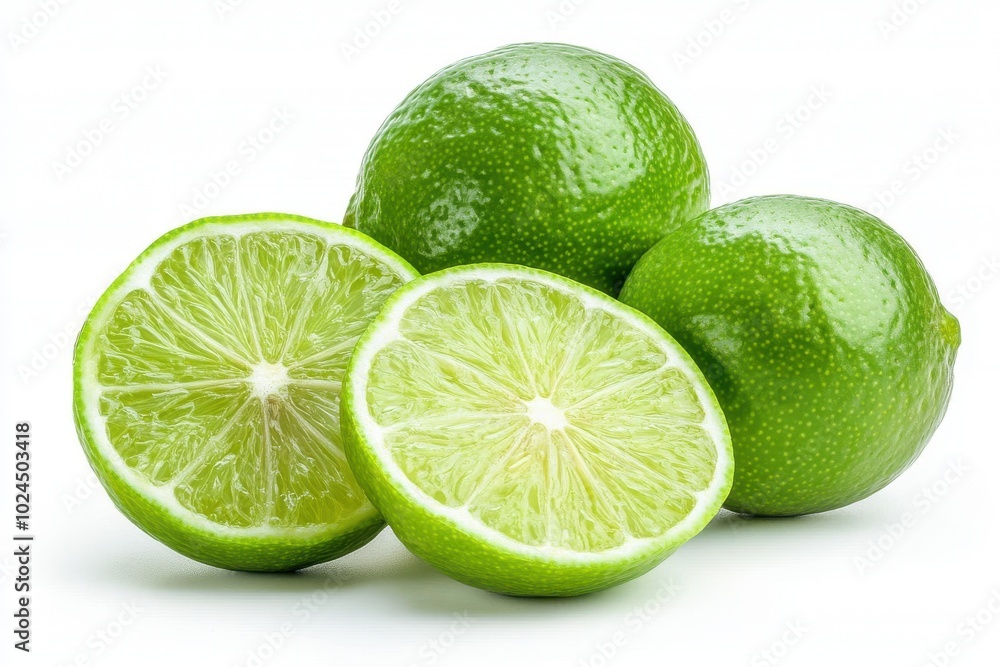 Green lime with cut in half and slices isolated on white background Green lime with cut in half and slices isolated on white background
