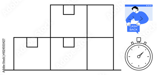 Four stacked boxes and a stopwatch suggest efficient logistics and quick order processing. A man offers cashback. Ideal for e-commerce, delivery services, online shopping, customer incentives