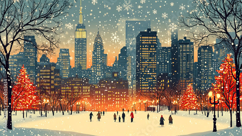 New York, New York, classic traditional Christmas themed wood block print effect. Woodblock Xmas theme printing. Graphic designed, illustration for travel poster, card, wallpaper, backdrop or banner