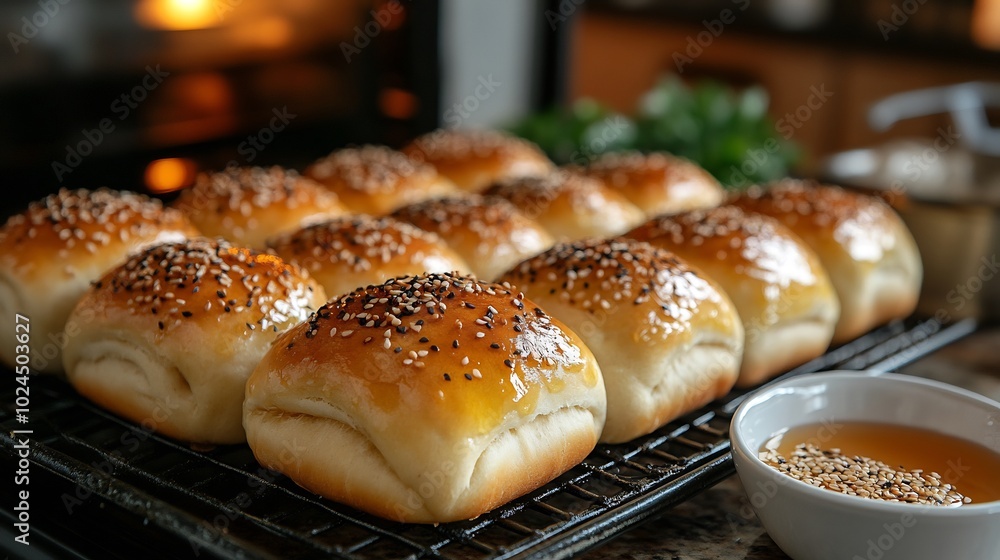 Golden honey buns sesame seeds and honey on the counter beside the oven Golden honey buns sesame seeds and honey on the counter beside the oven