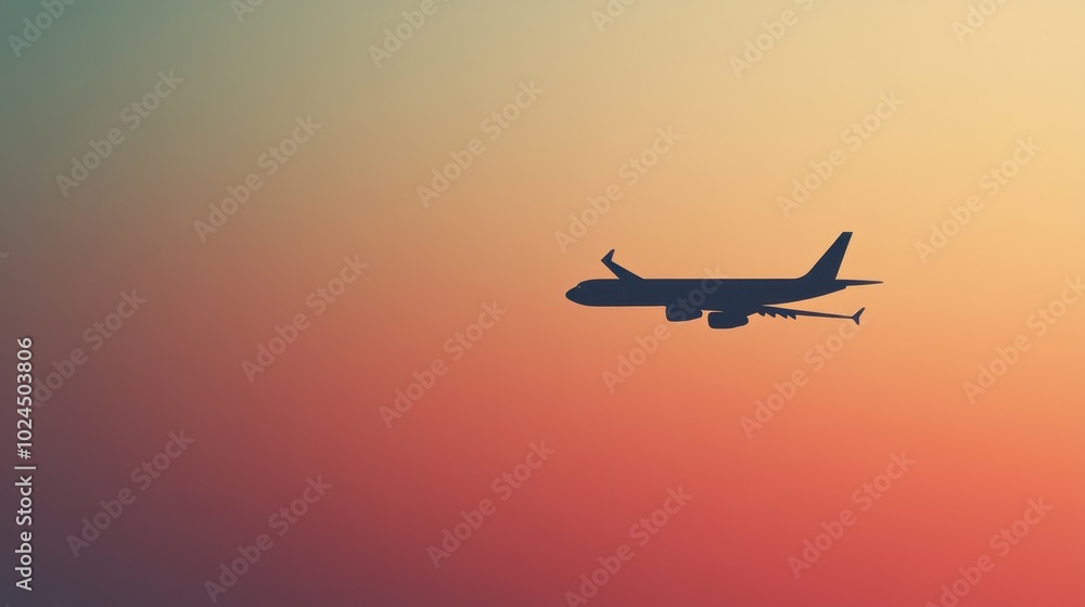 Fototapeta premium Soaring in the Vibrant Skies: A Silhouetted Airplane at Sunset