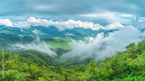 Panoramic view of a lush green mountain range with white fluffy clouds rolling over the peaks.