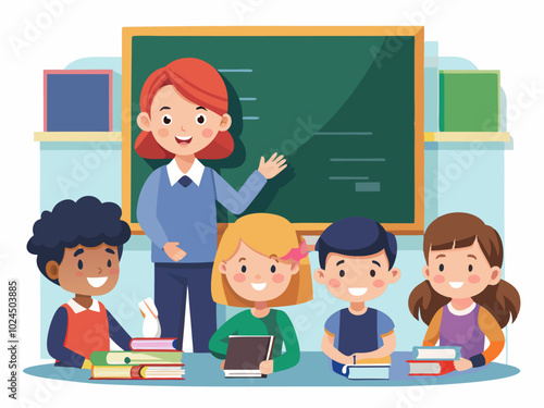 Teacher giving lessons to enthusiastic students in a classroom for teacher's day celebration
