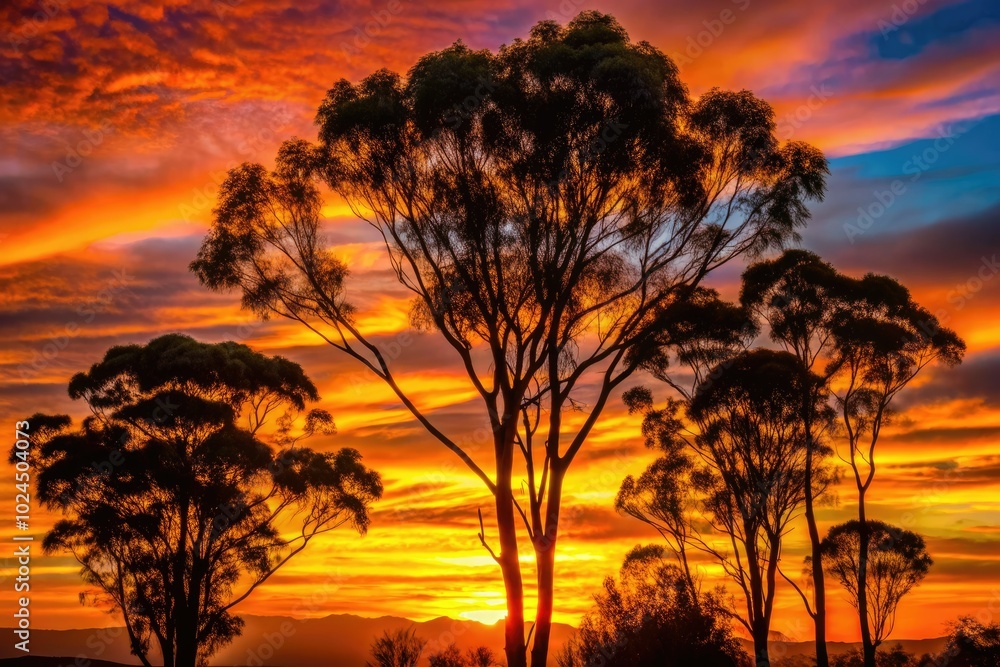 Fototapeta premium Eucalyptus trees stand silhouetted against a golden sunset, embodying the serene beauty of nature. This tranquil view invites reflection and peace in an enchanting moment.