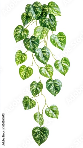 Heart shaped green variegated leave hanging vine plant bush of devilas ivy or golden pothos photo