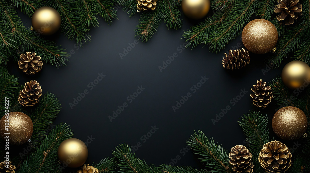 New Year banner with fir branches, cones and Christmas balls on a black studio background New Year banner with fir branches, cones and Christmas balls on a black studio background