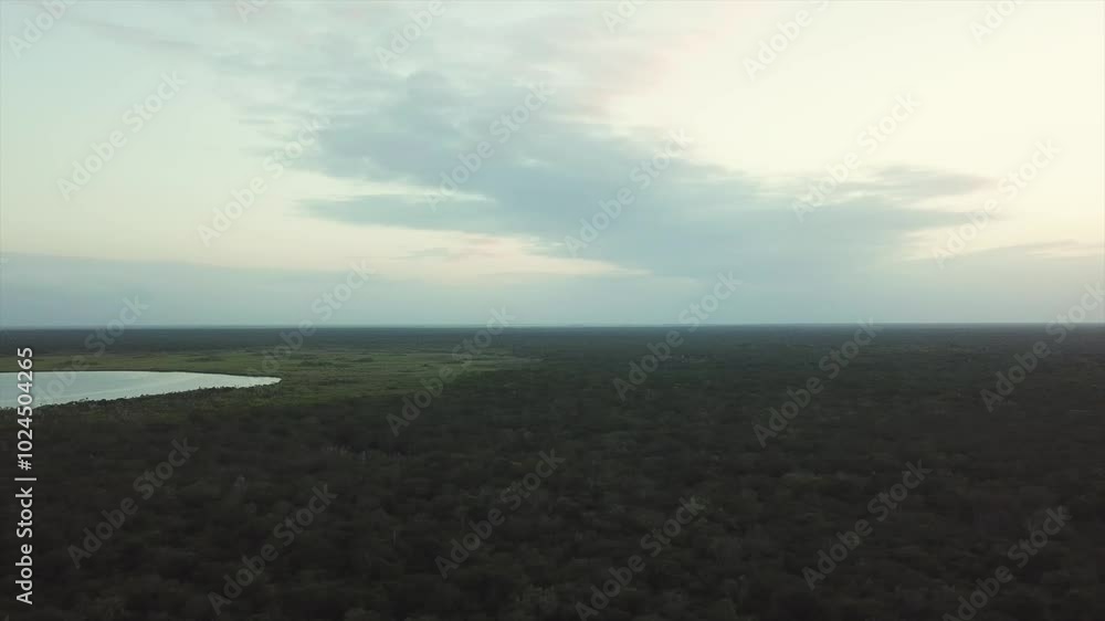 Aerial view of Pino Suarez (or Nolalitos) lagoon and the sun setting in the jungle, Tulum, RIviera Maya, Mexico Aerial view of Pino Suarez (or Nolalitos) lagoon and the sun setting in the jungle, Tulum, RIviera Maya, Mexico