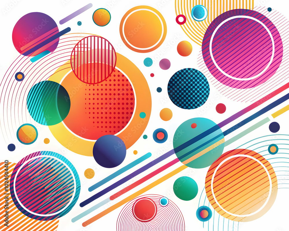 Vibrant Abstract Circles: A dynamic composition of colorful circles, lines, and patterns creates a visually captivating and energetic abstract design. Vibrant Abstract Circles: A dynamic composition of colorful circles, lines, and patterns creates a visually captivating and energetic abstract design.