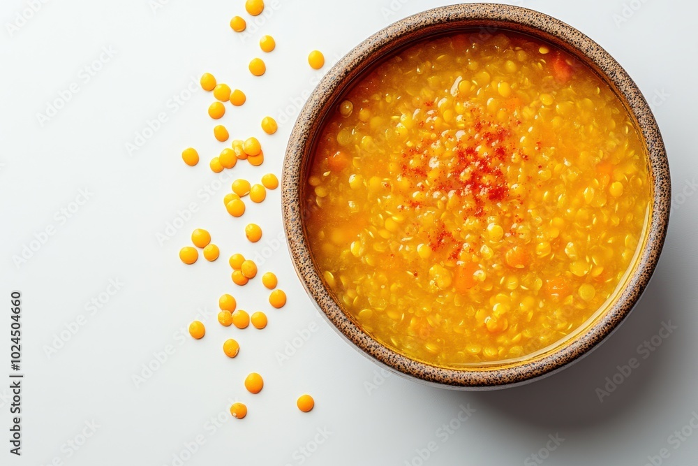 Isolated yellow lentil soup on white, top view Isolated yellow lentil soup on white, top view