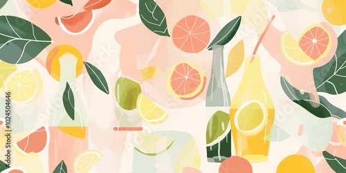 Colorful abstract illustration featuring citrus fruits, leaves, and bottles in pastel tones. A bright and vibrant design ideal for backgrounds, packaging, or creative projects.
