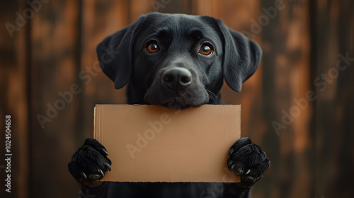 A black Labrador retriever dog holding up an empty cardboard sign in its mouth, conveying a message of communication and loyalty. The image highlights the playful and intelligent nature of dogs, parti photo