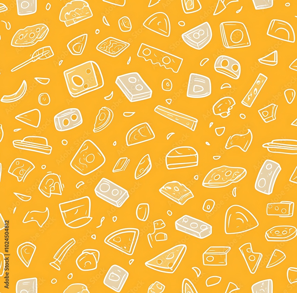 A seamless pattern of cheese icons in white on an orange background A seamless pattern of cheese icons in white on an orange background
