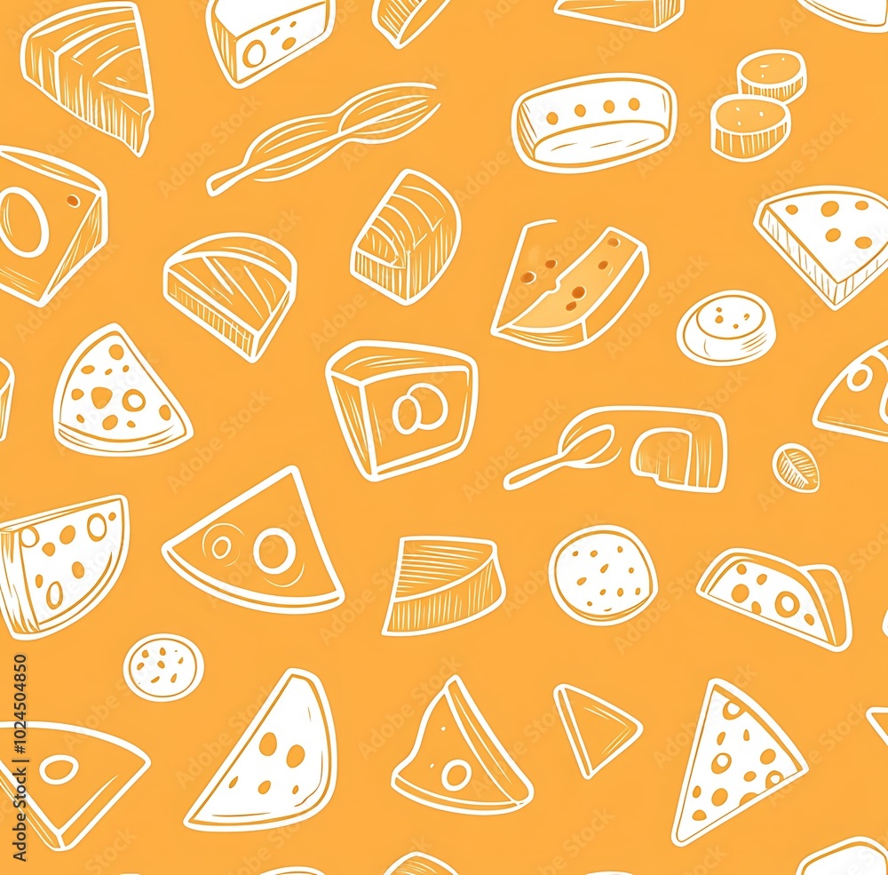 A seamless pattern of cheese icons in white on an orange background A seamless pattern of cheese icons in white on an orange background