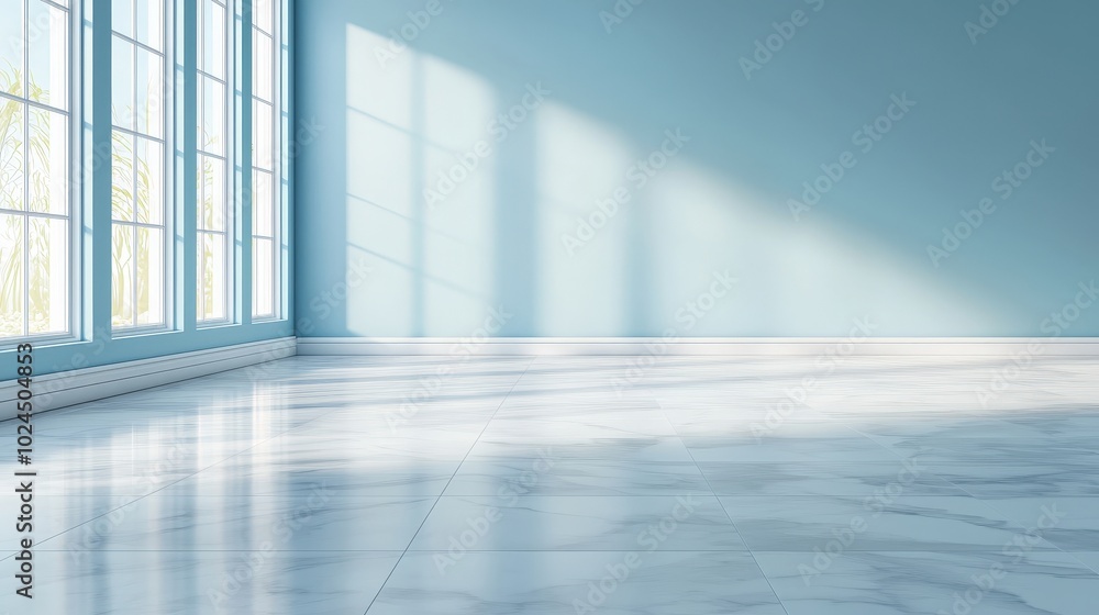A large, empty room with a blue wall and white floor A large, empty room with a blue wall and white floor